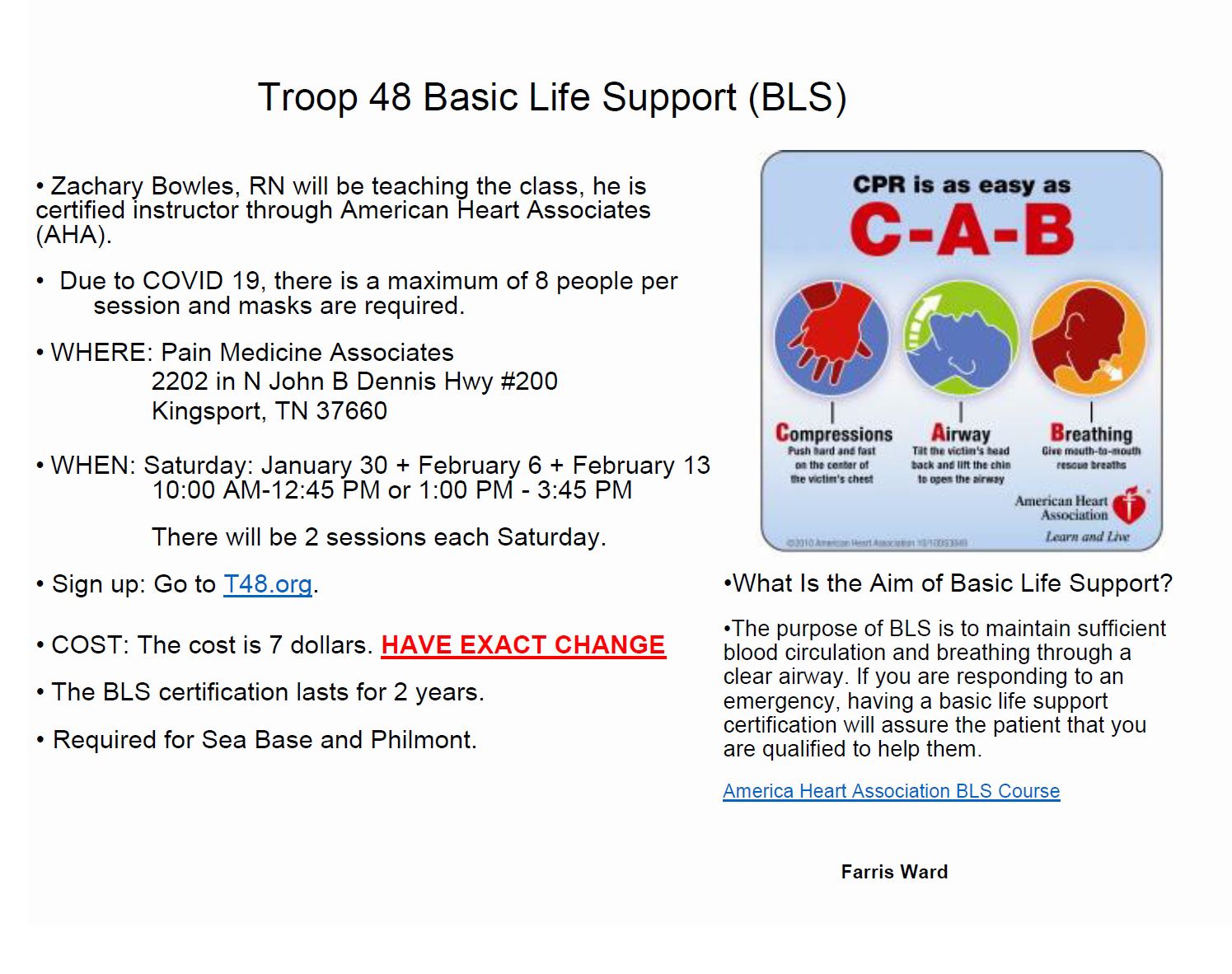 Basic Life Support Training (Zachary Bowles RN instructor)